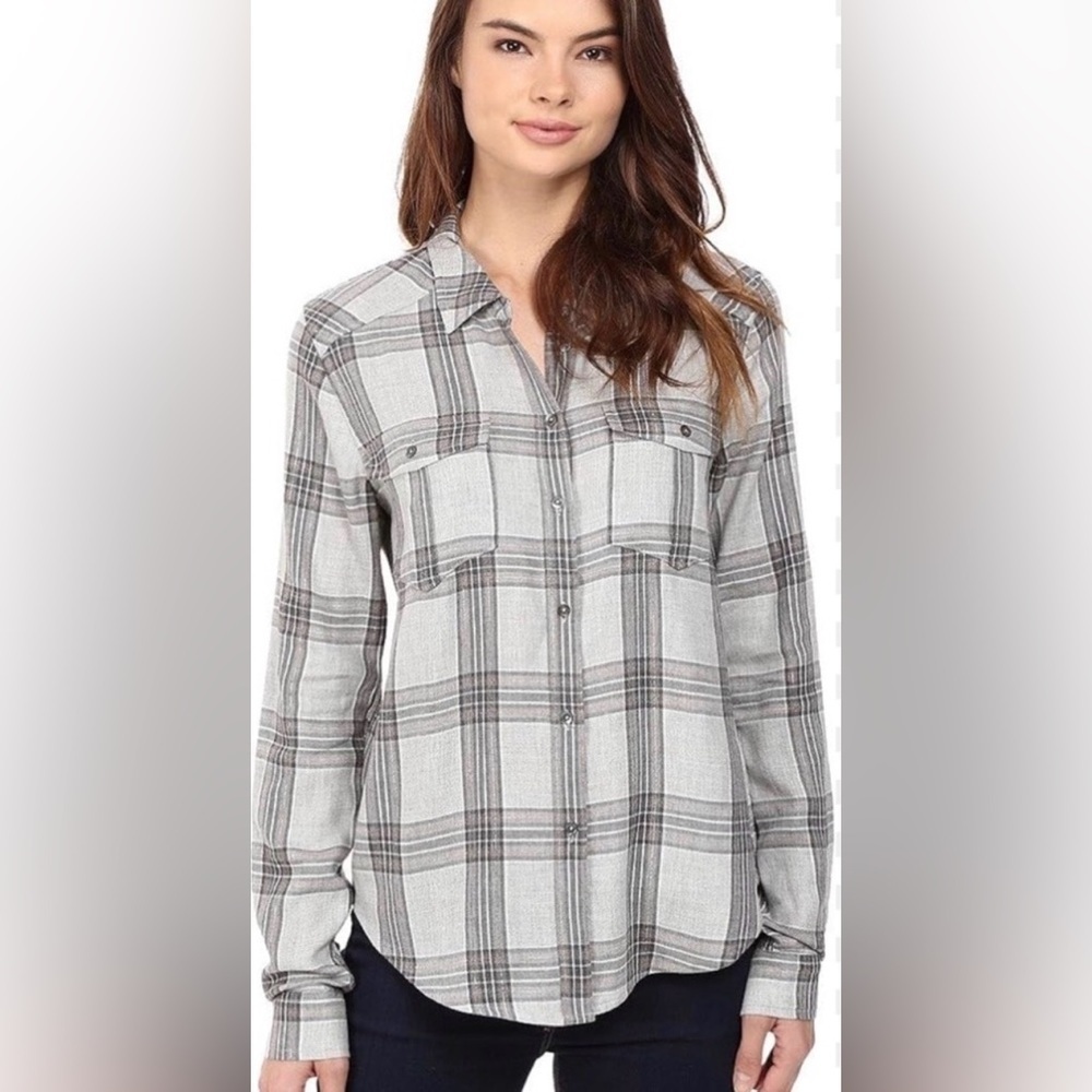 PAIGE Gray Plaid Buttonless Shirt Blouse Size M - Picture 2 of 12